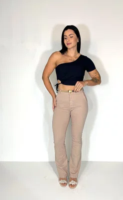 Calça Boot Cut Jeans Color  Bolso Faca Com Cinto