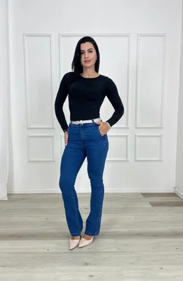 Calça Boot Cut Jeans Bolso Faca Com Cinto  