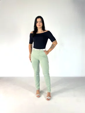Calça Cargo Color Verde Bolso Faca Com Cinto