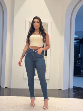 Calça Cigarrete Power Barra Desfiada Com Brilho Na Lateral