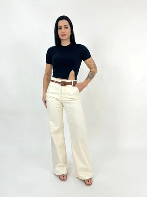 Calça Color Wide Leg Chapa Barriga Com Cinto 