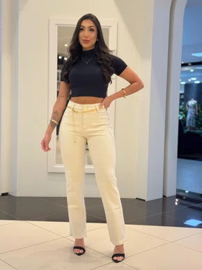 Calça Jeans Color Chapa Barriga Com Corrente