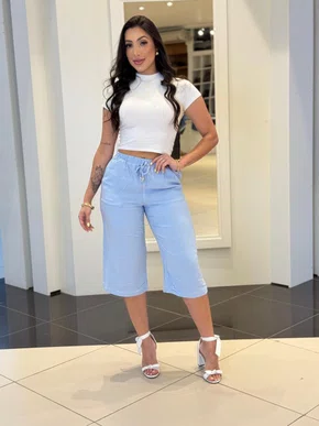 Calça Pantacourt De Linho Com Elastico Na Cintura 