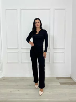 Calça Perna Reta Jeans Color Preta Chapa Barriga C/Cinto