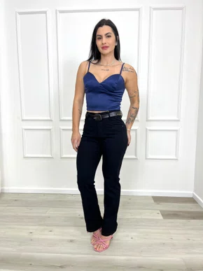 Calça Perna Reta Jeans Color Preto Com Cinto  