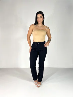 Calça Perna Reta Jeans Com Bolso Faca E Cordao 
