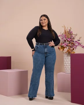 Calça Perna Reta Jeans Plus Com Cinto  