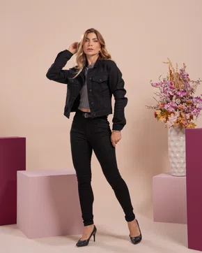 Calça Skinny Jeans Color Preta Tradicional Com Cinto