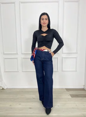 Calça Wide Leg Barra Tradicional Com Lenço 