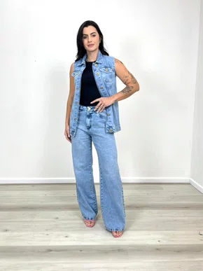 Calça Wide Leg Jeans 100% Barra Tradicional 