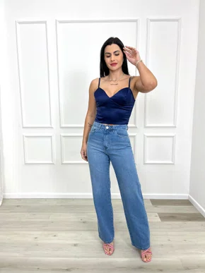 Calça Wide Leg Jeans 100% Barra Tradicional 