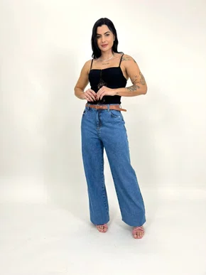 Calça Wide Leg Jeans 100% Com Cinto 