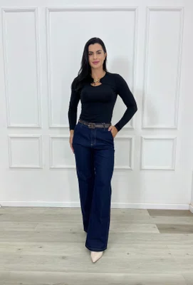 Calça Wide Leg Jeans Bolso Faca C/Cinto 