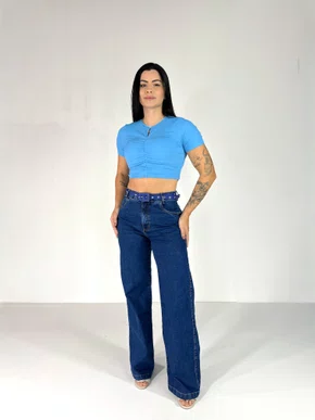 Calça Wide Leg Jeans Chapa Barriga Com Cinto