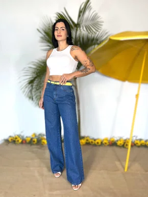 Calça Wide Leg Jeans Com Cinto  