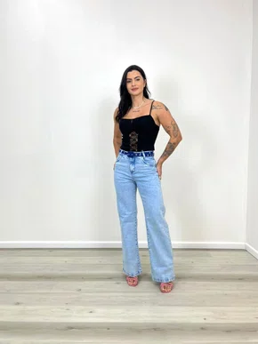 Calça Wide Leg Jeans Com Cinto Barra Tradicional               