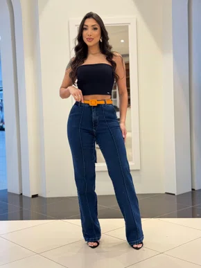 Calça Wide Leg Jeans Com Frizo E Cinto 