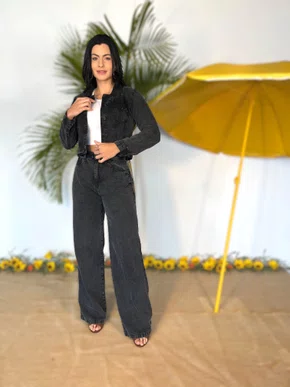 Calça Wide leg Jeans Preta Com Cinto 