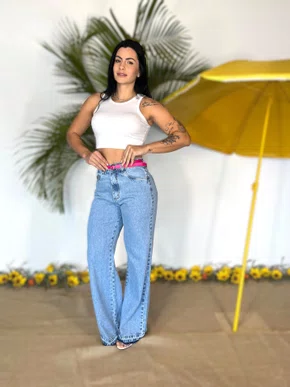 Calça Wide Leg Jeans Tradicional Com Cinto