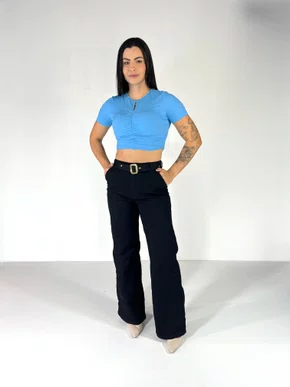 Calça Wide Leg Preta Bolso faca Com Cinto 