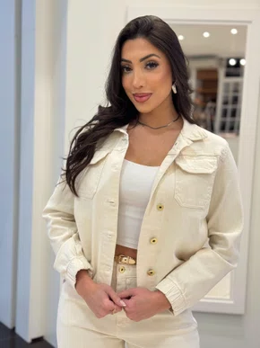 Jaqueta Jeans Color Bege Com Bolsos Frontais