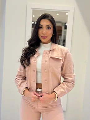 Jaqueta Jeans Color Rose Bomber Com Botoes Forrados