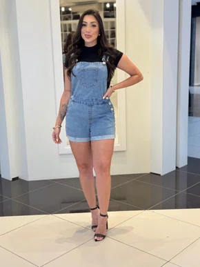 Jardineira Jeans Bolso Faca Barra Dobrada 