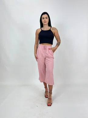 Pantacourt De Linho Com Elastico Na Cintura 
