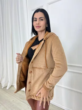 Parka Color Caramelo De Cotele Peluciada Com Capuz 
