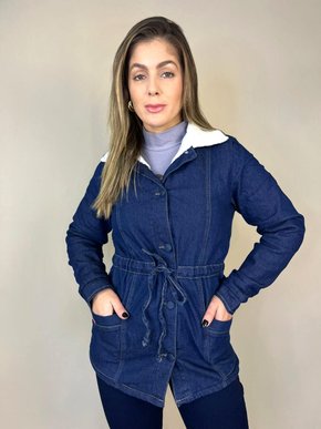 Parka Peluciada Jeans Com Botoes Forrados E Ajuste