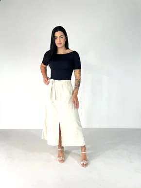 Saia De Linho Com Fenda Frontal E Cinto 
