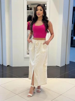 Saia De Linho Midi Com Cordao e Bolso Cargo 