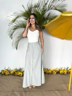 Saia de Linho Verde Com Botoes Frontais 