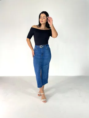 Saia Jeans Midi Com Cinto E Fenda Frontal