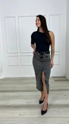 Saia Jeans Midi Preta Estonada Com Fenda  