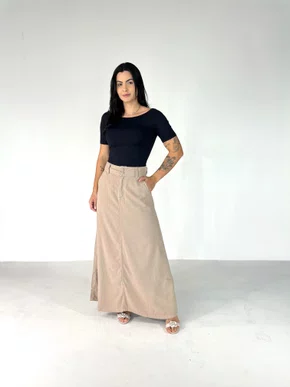 Saia Longa De Linho Bolso Faca Botoes Forrados 