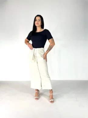 Saia Midi De Linhio Com Botoes A Frente E Cinto 