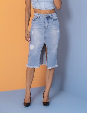 Mini Saia Jeans Escuro Glitter Ziper Frontal Decidida - Decidida Jeans