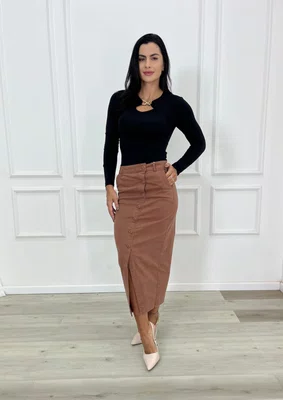 Saia Midi Jeans Color Marrom Com Botoes A Frente 