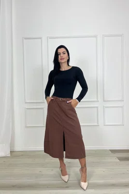 Saia Midi Jeans Color Marrom Com Fenda  