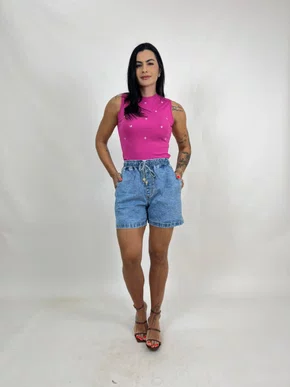 Shorts Jeans Bolso Faca Com Elastico Na Cintura 