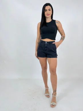 Shorts Jeans Color Com Detalhe de Ilhos Nas Laterais 