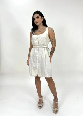 Vestido De Linho Com Cinto E Botoes Forrados A Frente 