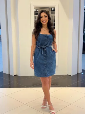Vestido Jeans Com Cinto E Botoes Forrados