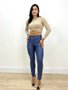 Calça Cigarrete Resinada Azul Com Botao Forrado 