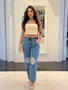 Calça Mom Jeans 100% Com Lixados E Cinto 