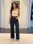 Calça Wide Leg Jeans Botao Forrado 