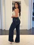 Calça Wide Leg Jeans Botao Forrado 