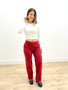Calça Wide Leg Jeans Color Vermelha Com Zipper Lateral 