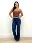 Calça Wide Leg Jeans Com Recorte Frontal E Cinto 